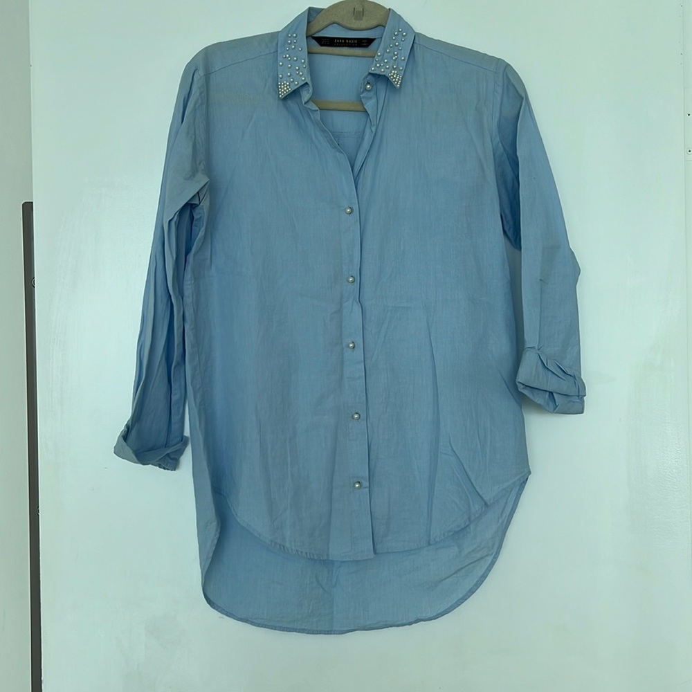 Zara pearl blue bottom up shirt size XS